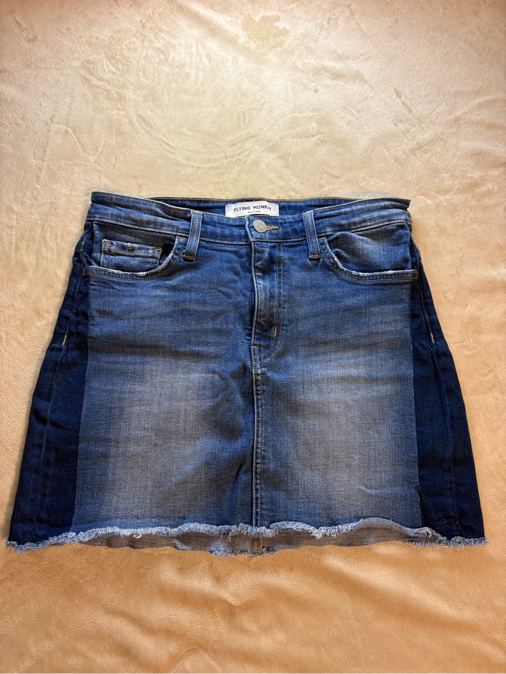 Flying Monkey Two-Tone Denim Mini Skirt in Light and Dark Blue